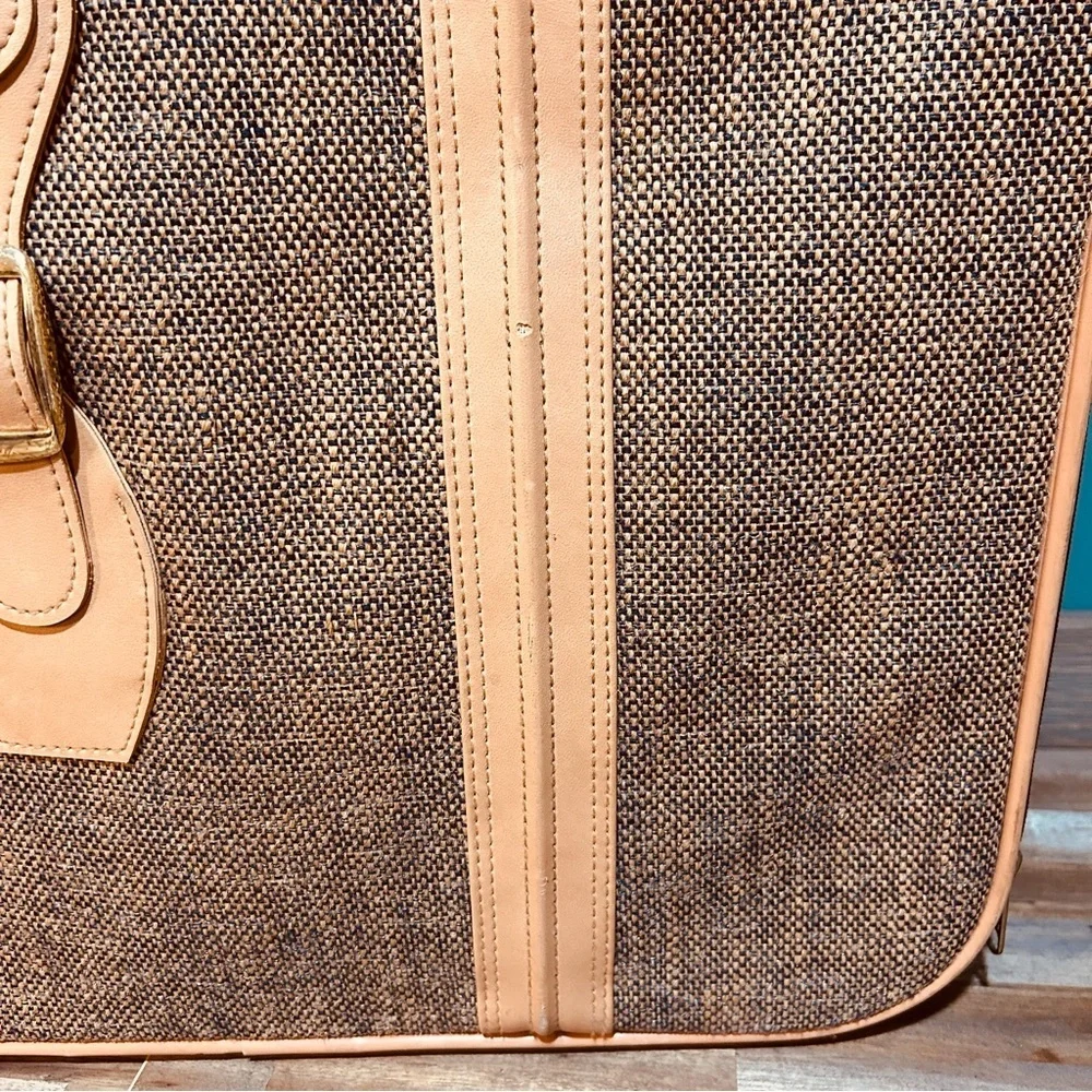 Vintage Fifth Avenue Tweed Hard-Sided Suitcase Tan Leather Trim